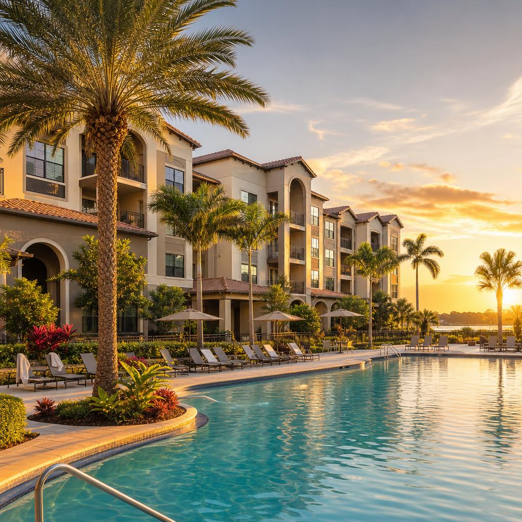 Luxury Florida apartment community with resort-style pool at golden hour