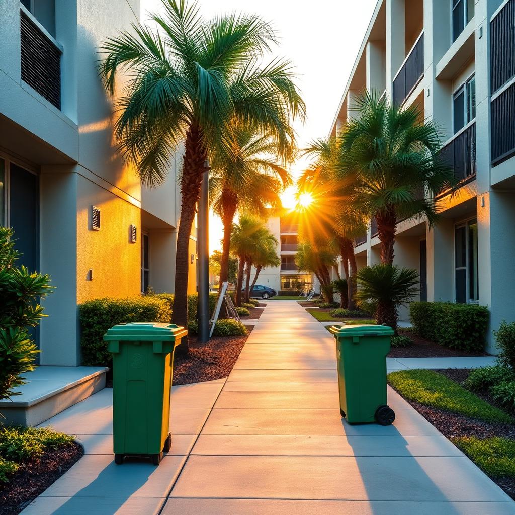 Clean Florida apartment community walkway at sunset with a valet trash bin at a doorstep
